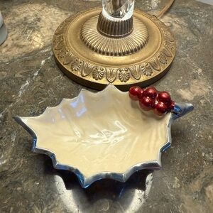 Leaf-Shaped Ceramic Dish with Red Berries
